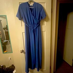 Bright blue maxi dress with waist ribbon